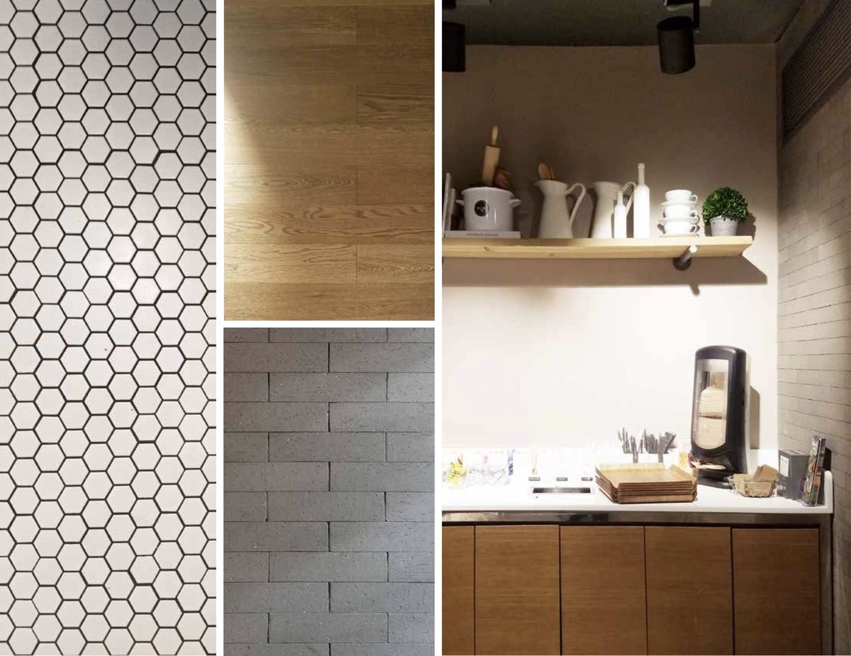 Materials: white hexagonal tile, white oak flooring, grey brick and oak casework, Paris Baguette.
